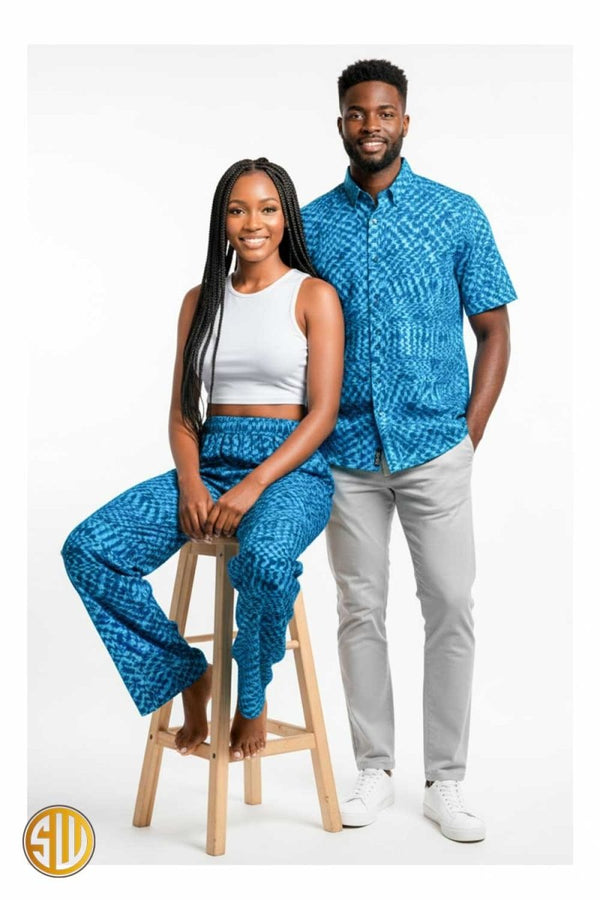 Tenue assortie pour couple en wax bleu – Chemise et pantalon africains