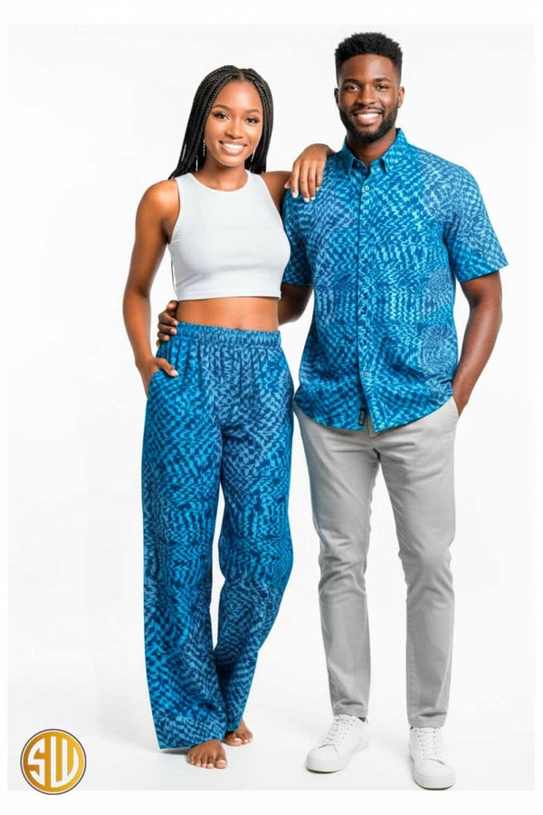 Tenue assortie pour couple en wax bleu – Chemise et pantalon africains