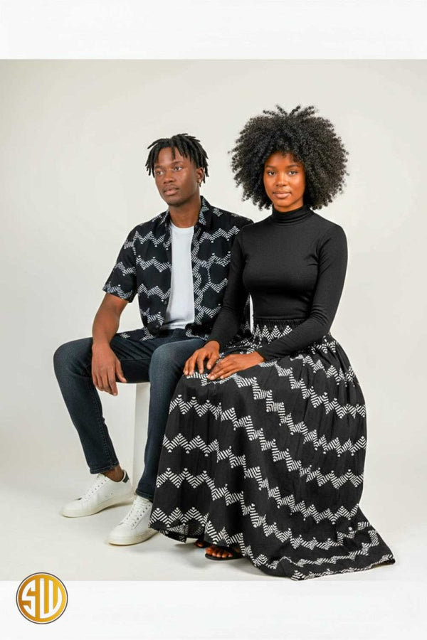 Tenue assortie pour couple en wax noir et blanc – Élégance africaine chic