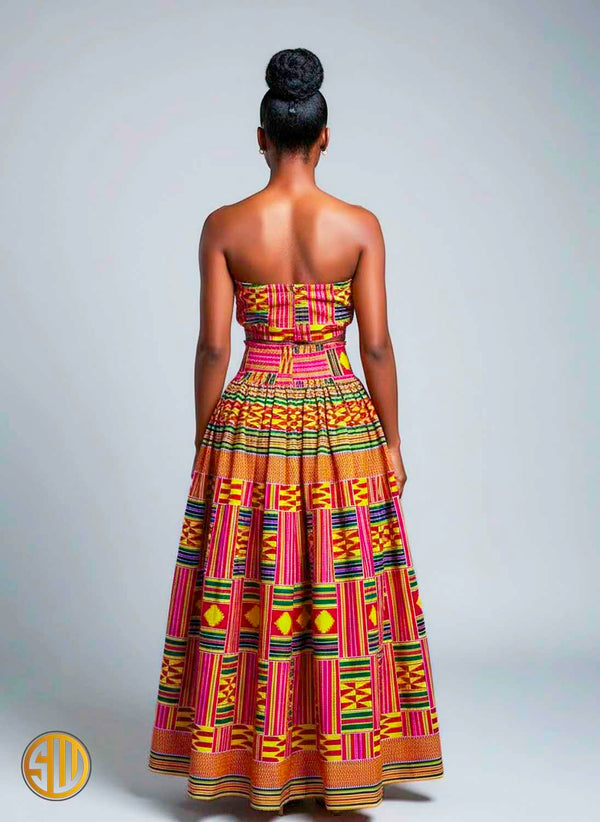Ensemble africain en wax – Jupe longue et top bandeau