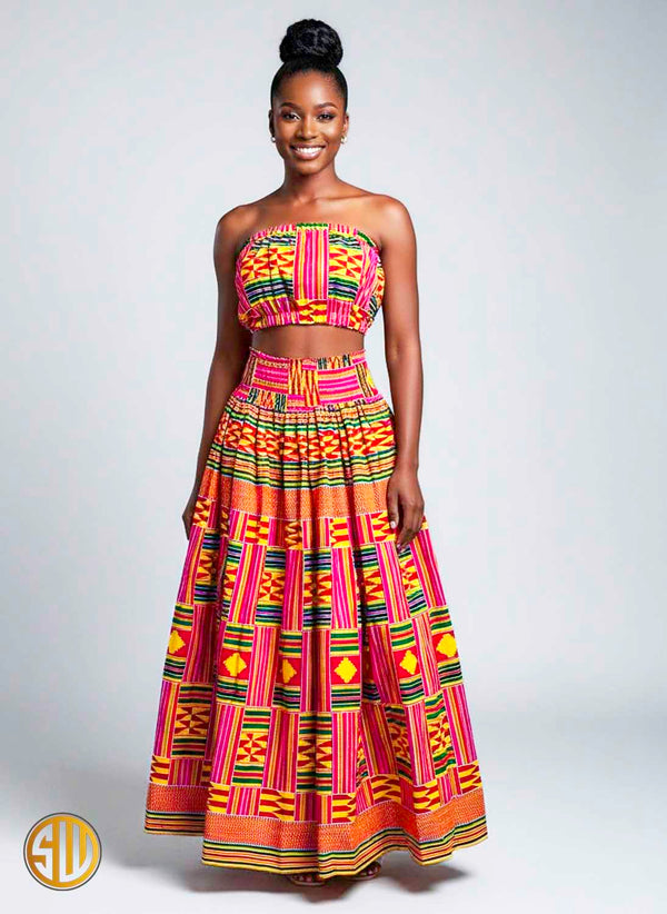 Ensemble africain en wax – Jupe longue et top bandeau