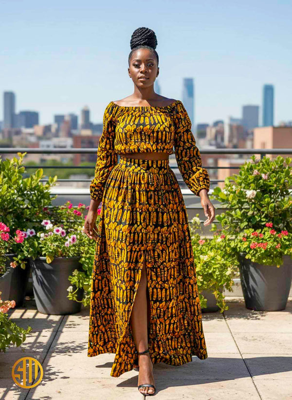Jupe Longue Africaine & Crop Top en Wax Mya – Élégance & Style Authentique