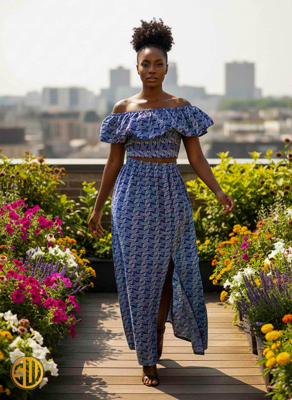 Ensemble deux pièces en wax – Top bardot et jupe fendue