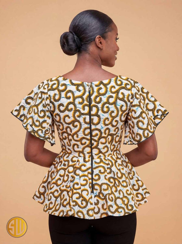 Top africain en wax élégant – Décolleté V & manches volantées