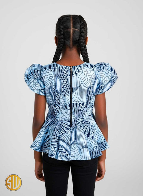 Top africain en wax pour fille – Col noir, manches bouffantes