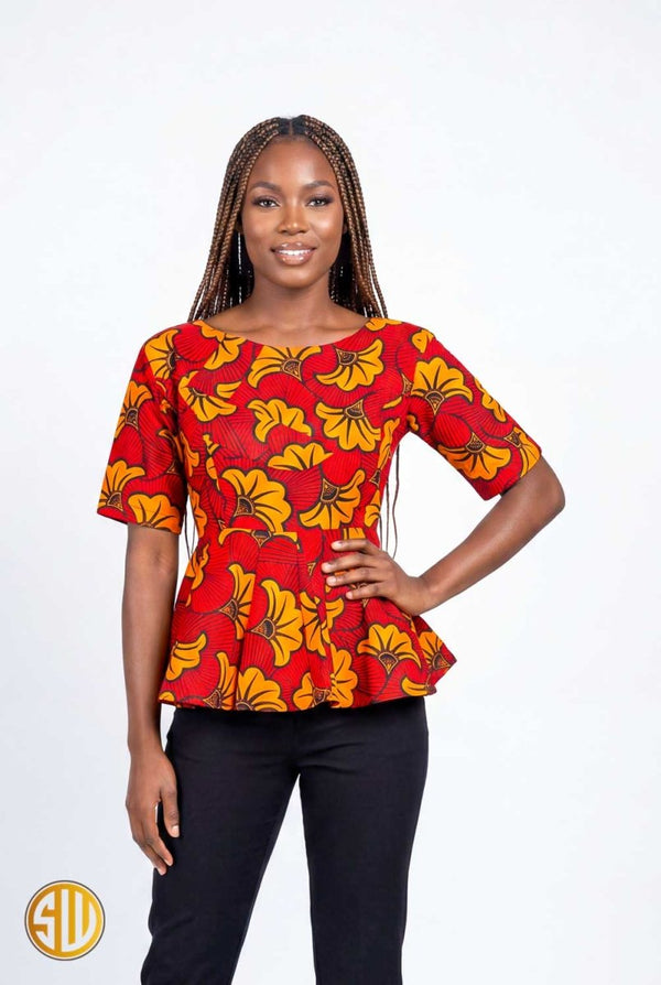 Top Peplum Wax Amina Sublimewax – Fleurs Rouge & Orange